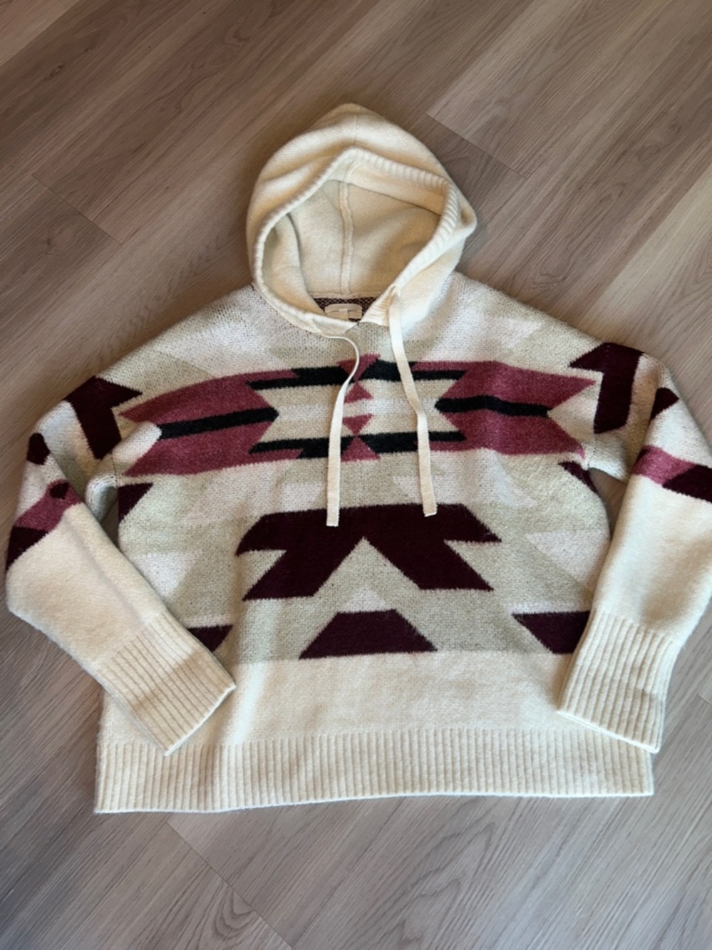 Lou & Grey Slopeside Aztec Hoodie Sweater L Oversized Cream/Burg/Rose Cozy